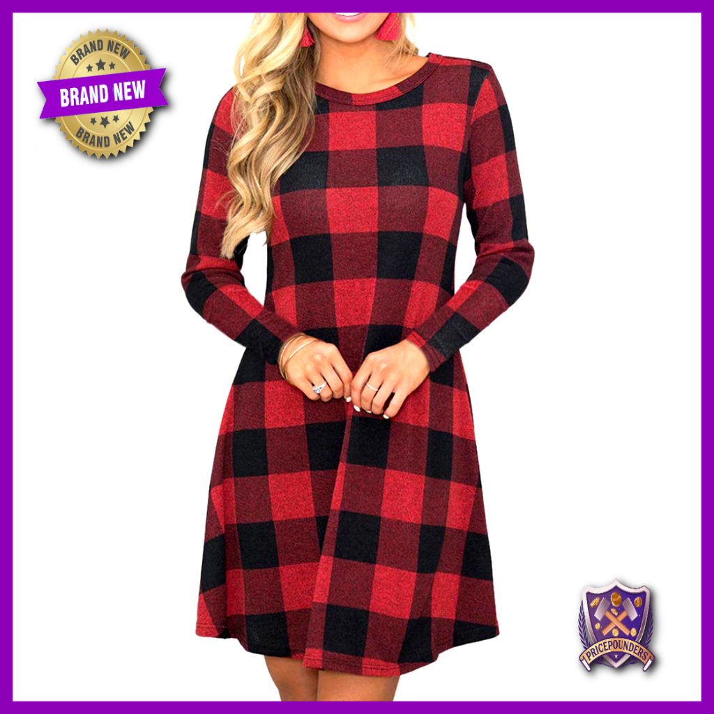Long Sleeve Plaid Swing Tunic Dress Casual Loose Fit A-Line Y2k Chic